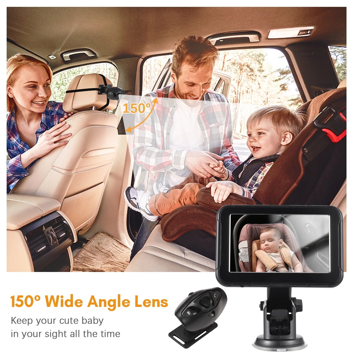 Baby Car Monitor, 1080P High Definition Monitor Camera for Baby Rear Facing Seat 5 Inch Car Seat Mirror Display 150° Wide View Night Vision Baby Car Mirror Camera Easy Installation, Black