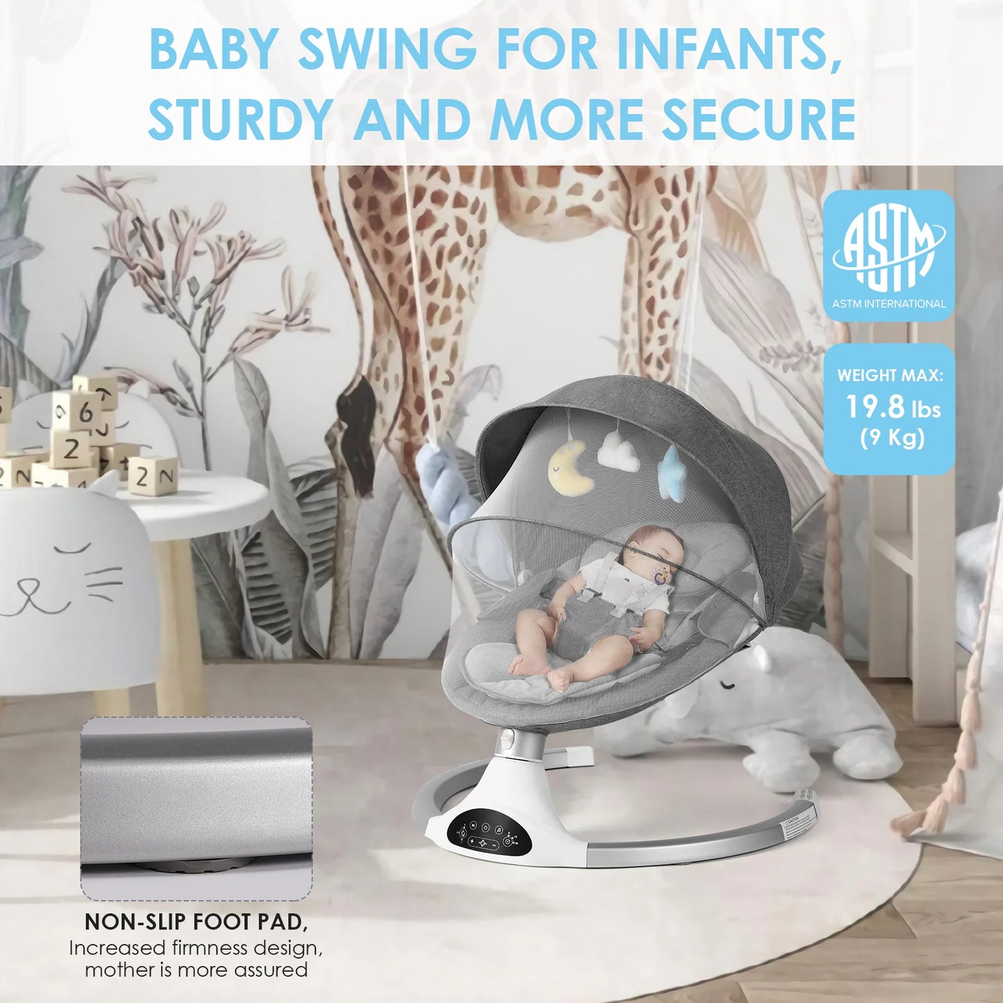 Baby Swing for Infants - Electric Infant Swing with 3 Swing Speeds and 10 Lullabies, Portable Indoor Baby Rocker, Touch Screen Control and Remote Control, Bluetooth, Grey