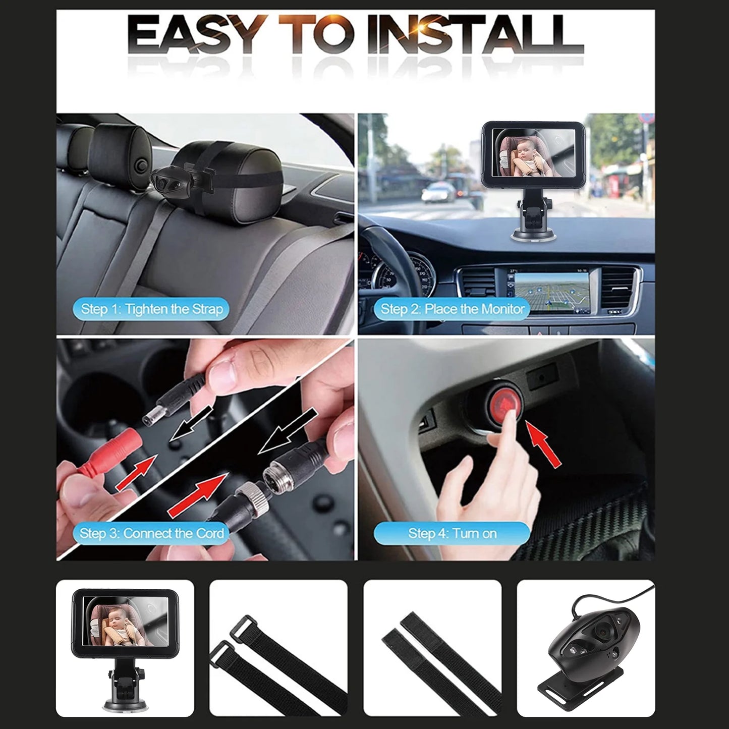 Baby Car Monitor, 1080P High Definition Monitor Camera for Baby Rear Facing Seat 5 Inch Car Seat Mirror Display 150° Wide View Night Vision Baby Car Mirror Camera Easy Installation, Black