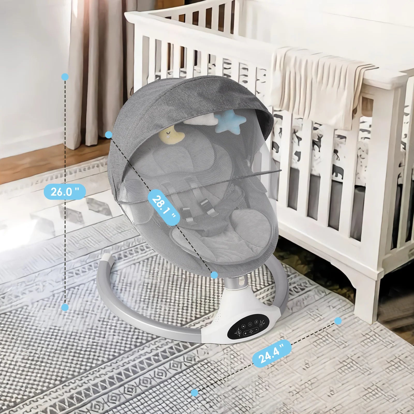 Baby Swing for Infants - Electric Infant Swing with 3 Swing Speeds and 10 Lullabies, Portable Indoor Baby Rocker, Touch Screen Control and Remote Control, Bluetooth, Grey