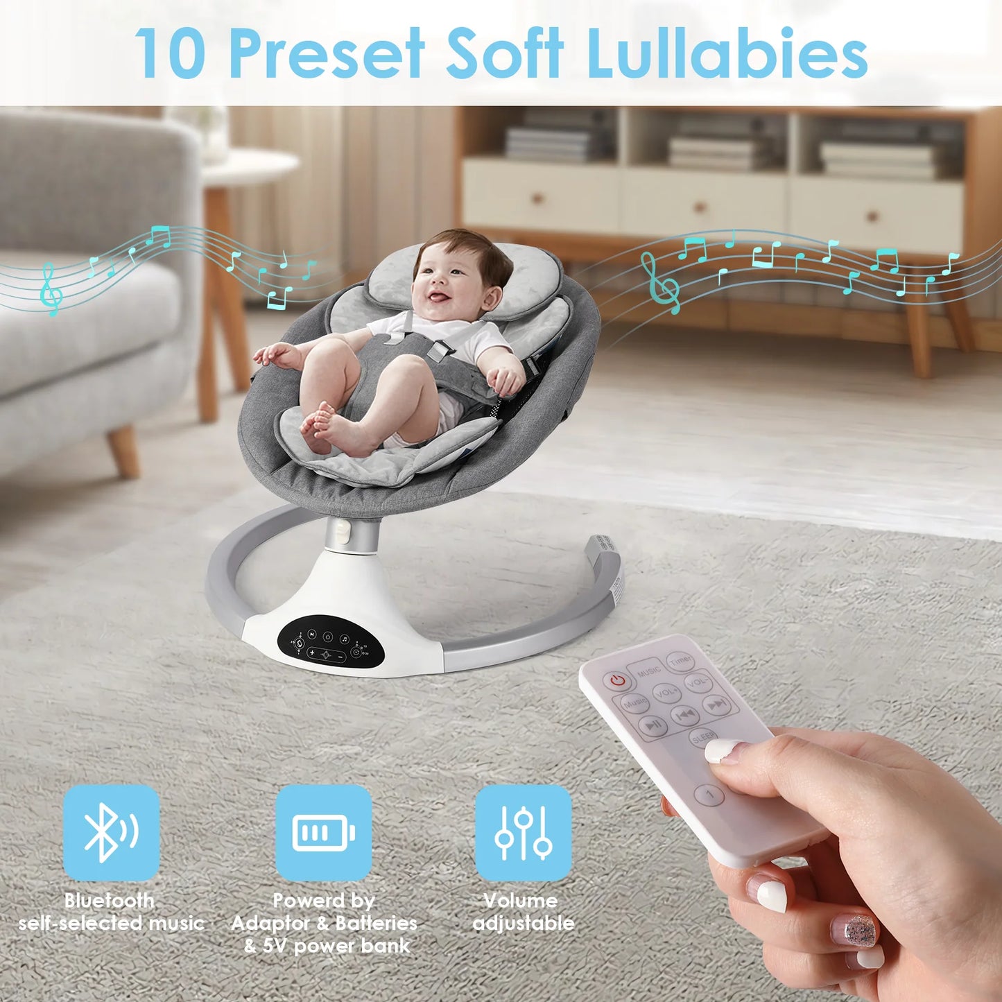 Baby Swing for Infants - Electric Infant Swing with 3 Swing Speeds and 10 Lullabies, Portable Indoor Baby Rocker, Touch Screen Control and Remote Control, Bluetooth, Grey