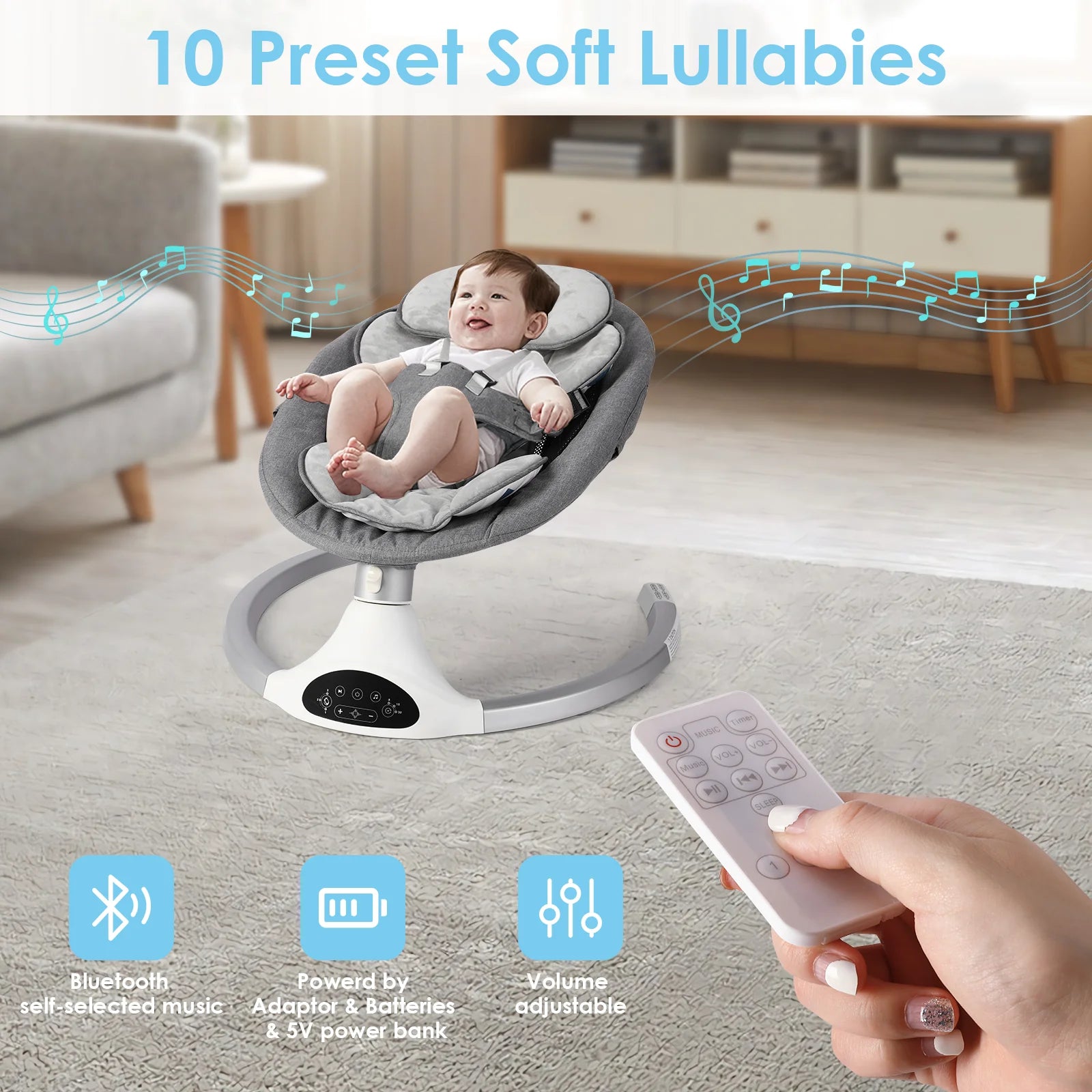 Baby Swing for Infants - Electric Infant Swing with 3 Swing Speeds and 10 Lullabies, Portable Indoor Baby Rocker, Touch Screen Control and Remote Control, Bluetooth, Grey