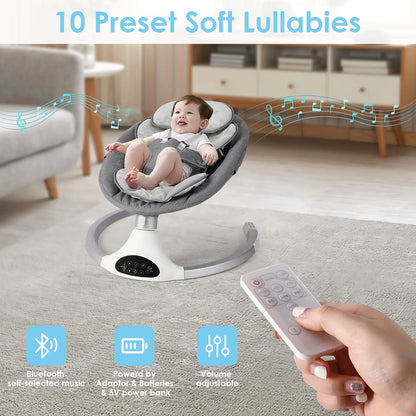 Baby Swing for Infants - Electric Infant Swing with 3 Swing Speeds and 10 Lullabies, Portable Indoor Baby Rocker, Touch Screen Control and Remote Control, Bluetooth, Grey