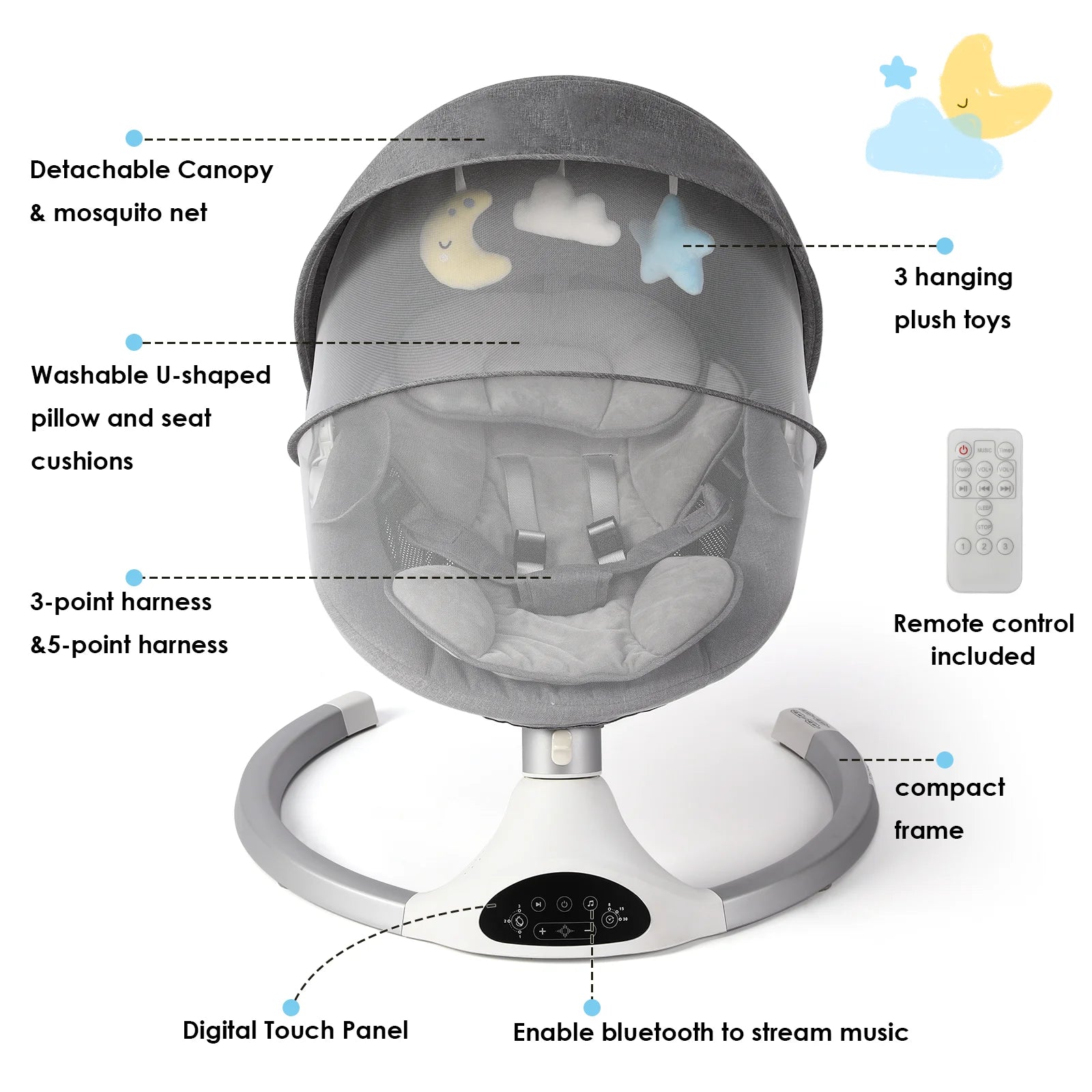 Baby Swing for Infants - Electric Infant Swing with 3 Swing Speeds and 10 Lullabies, Portable Indoor Baby Rocker, Touch Screen Control and Remote Control, Bluetooth, Grey