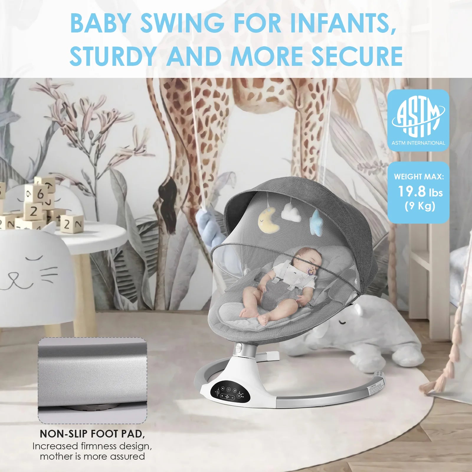 Baby Swing for Infants - Electric Infant Swing with 3 Swing Speeds and 10 Lullabies, Portable Indoor Baby Rocker, Touch Screen Control and Remote Control, Bluetooth, Grey