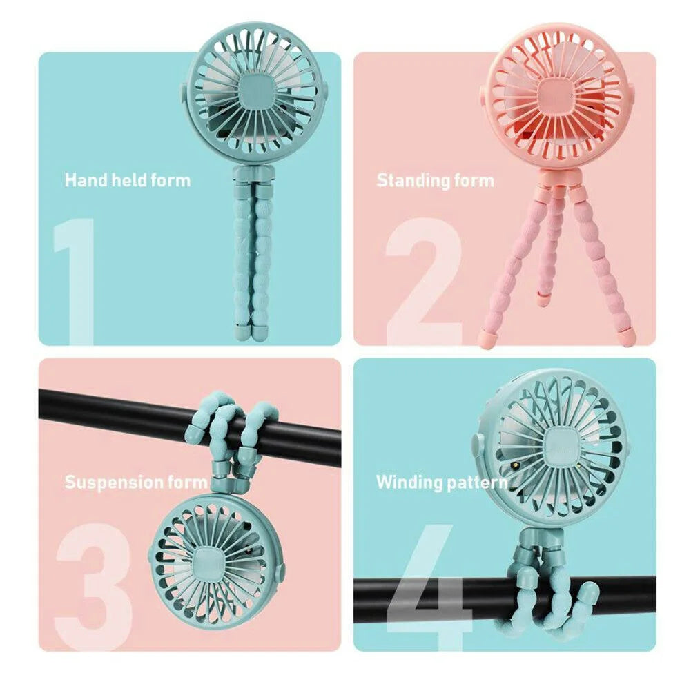 Mini Handheld Stroller Fan, Personal Portable Baby Car Seat Fan with Flexible Tripod Fix on Stroller,Usb Rechargeable Desk Fan Adjustable 3 Speeds for Camping