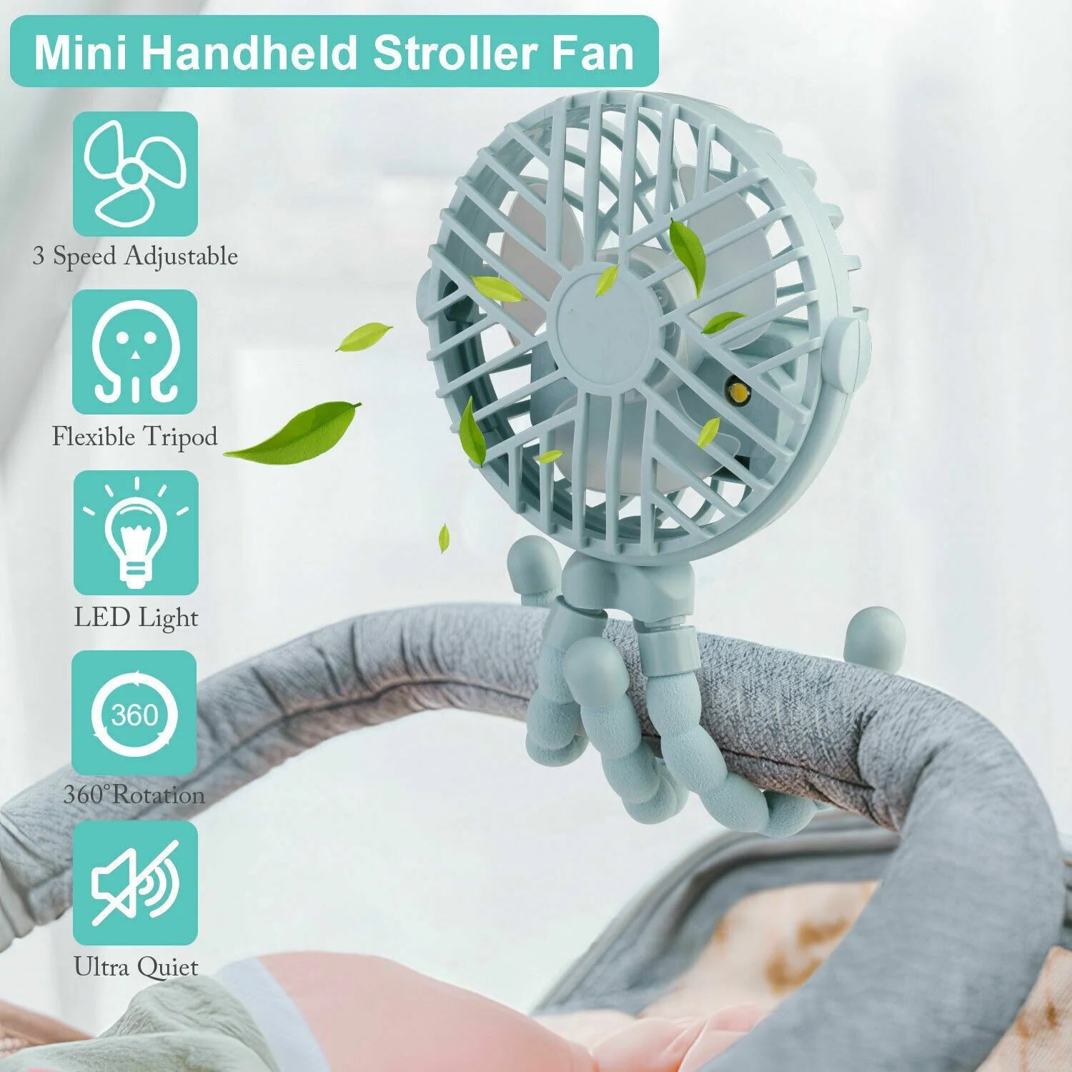 Mini Handheld Stroller Fan, Personal Portable Baby Car Seat Fan with Flexible Tripod Fix on Stroller,Usb Rechargeable Desk Fan Adjustable 3 Speeds for Camping