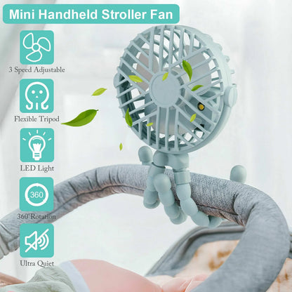 Mini Handheld Stroller Fan, Personal Portable Baby Car Seat Fan with Flexible Tripod Fix on Stroller,Usb Rechargeable Desk Fan Adjustable 3 Speeds for Camping