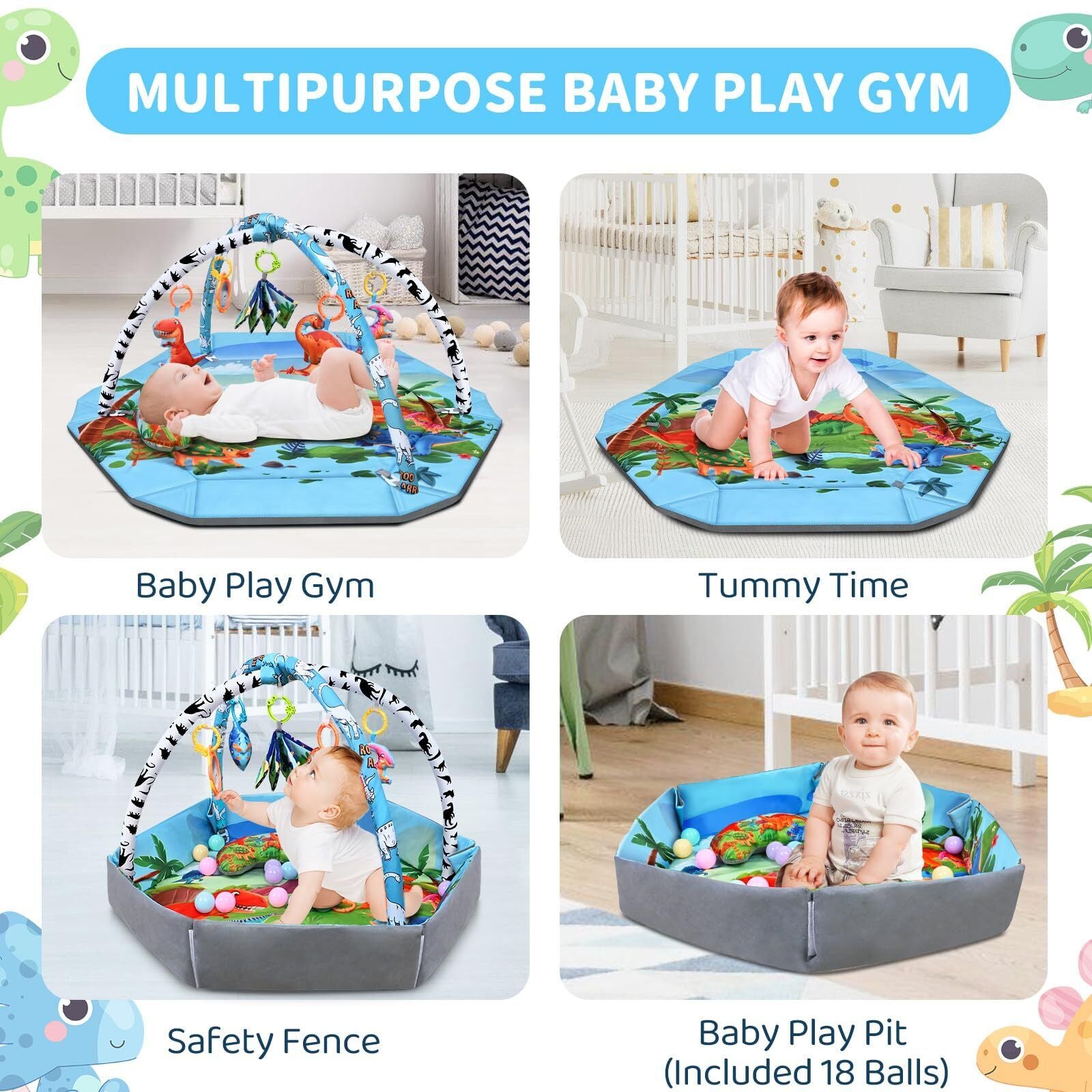 Baby Play Gym Mat 26-In-1 Tummy Time Mat Dinosaur Baby Play Mat Activity Gym ...
