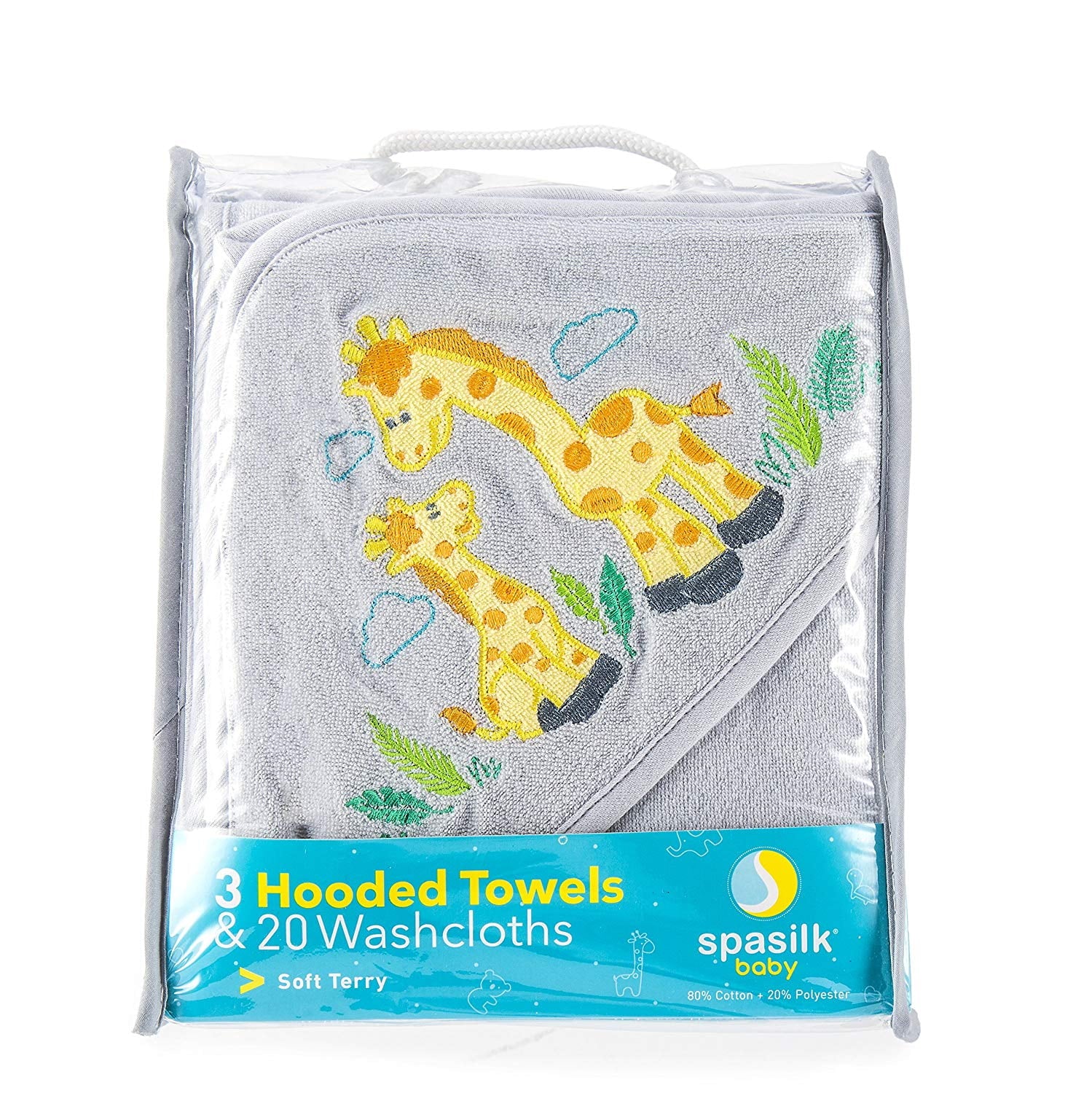 Bath Hooded Towels & Washcloths Set for Babies, 23-Piece Gift Set, Gray Giraffe