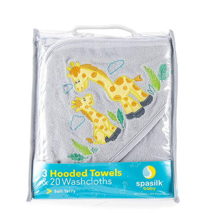 Bath Hooded Towels & Washcloths Set for Babies, 23-Piece Gift Set, Gray Giraffe