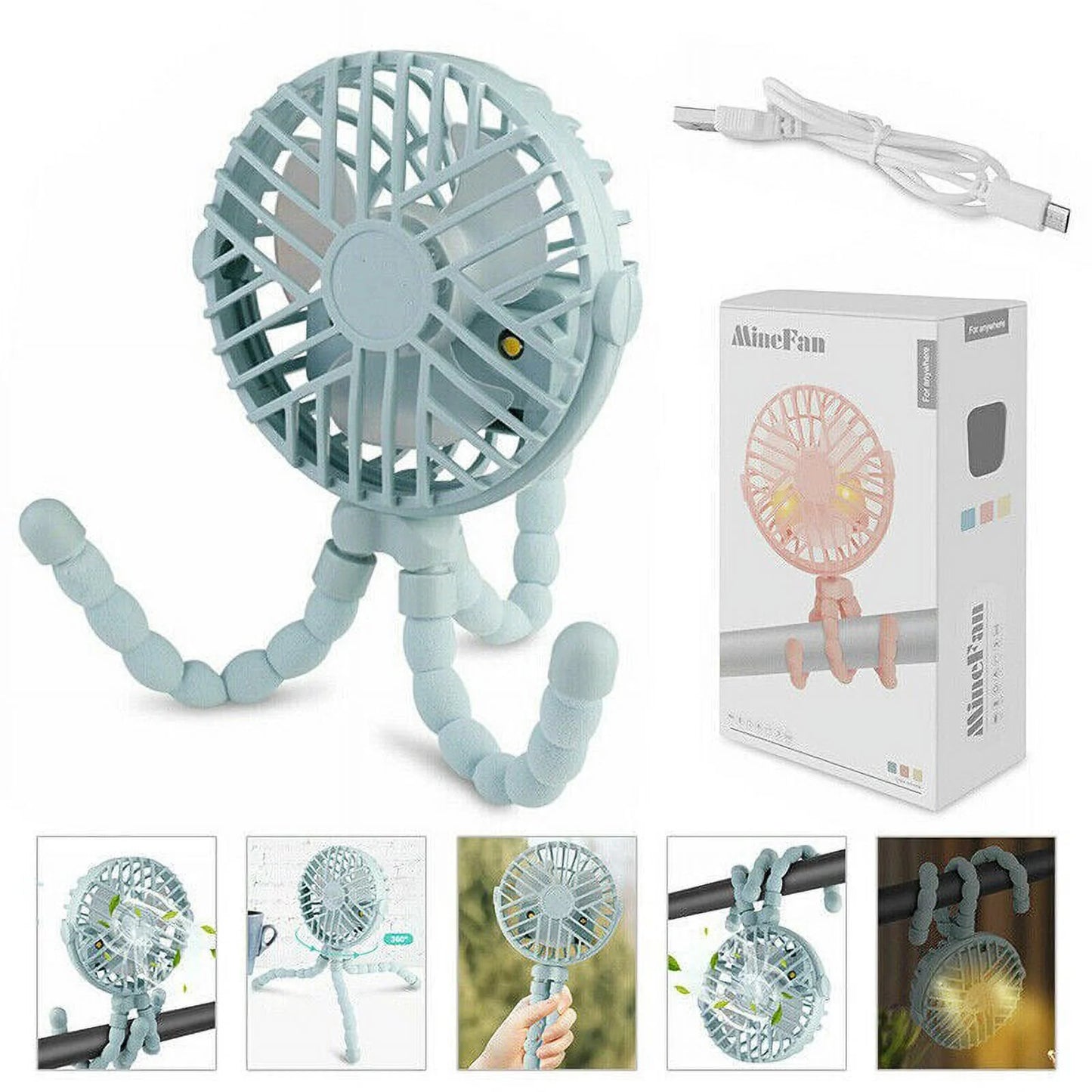 Mini Handheld Stroller Fan, Personal Portable Baby Car Seat Fan with Flexible Tripod Fix on Stroller,Usb Rechargeable Desk Fan Adjustable 3 Speeds for Camping