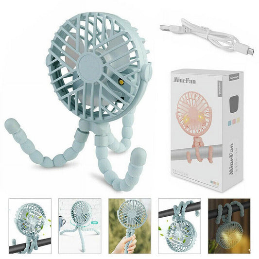 Mini Handheld Stroller Fan, Personal Portable Baby Car Seat Fan with Flexible Tripod Fix on Stroller,Usb Rechargeable Desk Fan Adjustable 3 Speeds for Camping