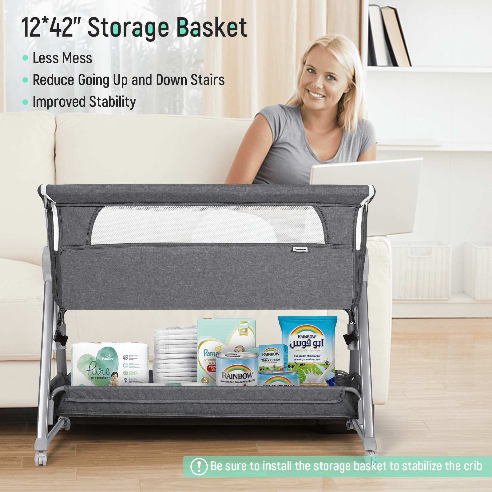 Bassinet with Mattress Large Volume Mobile with Storage Bedside Sleeper for Infant Baby Gray
