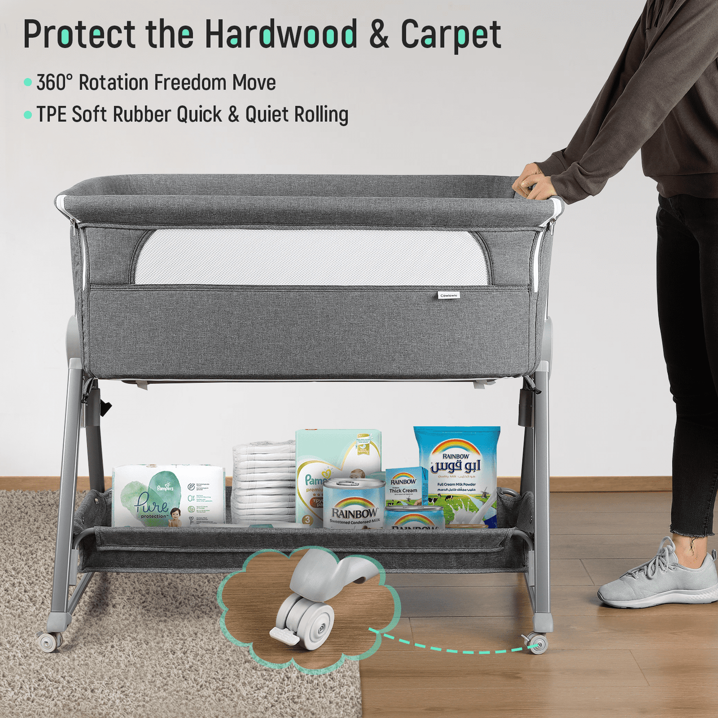 Bassinet with Mattress Large Volume Mobile with Storage Bedside Sleeper for Infant Baby Gray