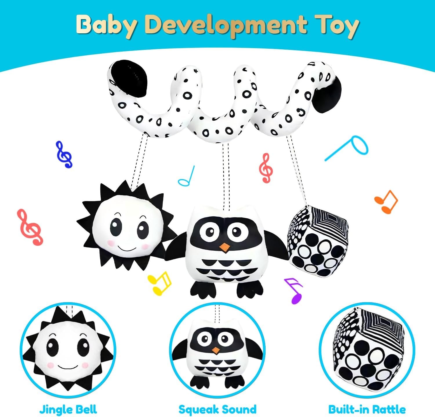 Baby Spiral Activity Car Seat Toys, Black and White Baby Toys, High Contrast Baby Sensory Toys, Newborn Hanging Plush Stroller Toys for 0 3 6 9 12 Months Boys Girls (Owl)