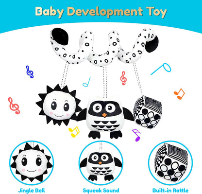 Baby Spiral Activity Car Seat Toys, Black and White Baby Toys, High Contrast Baby Sensory Toys, Newborn Hanging Plush Stroller Toys for 0 3 6 9 12 Months Boys Girls (Owl)