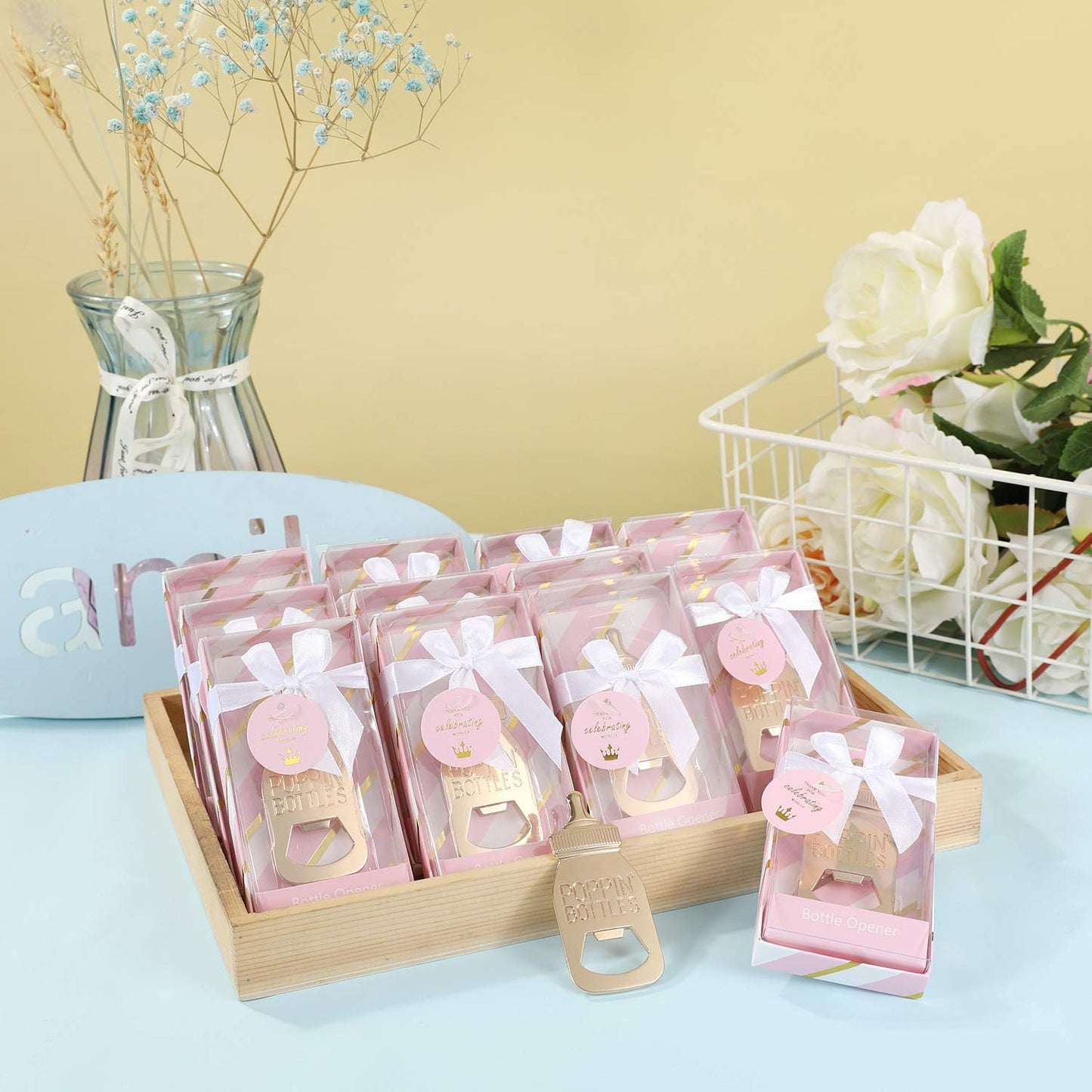 24 Pcs Pink Princess Baby Shower Favors for Girl,Poppins'Bottle Bottle Opener Baby Shower Favor for Guests Girl Baby Shower Souvenirs Party Decoration Goodiebag Supplies (Pink and Gold, 24)