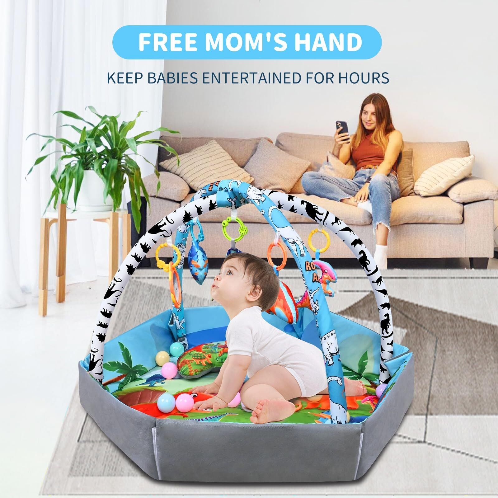 Baby Play Gym Mat 26-In-1 Tummy Time Mat Dinosaur Baby Play Mat Activity Gym ...