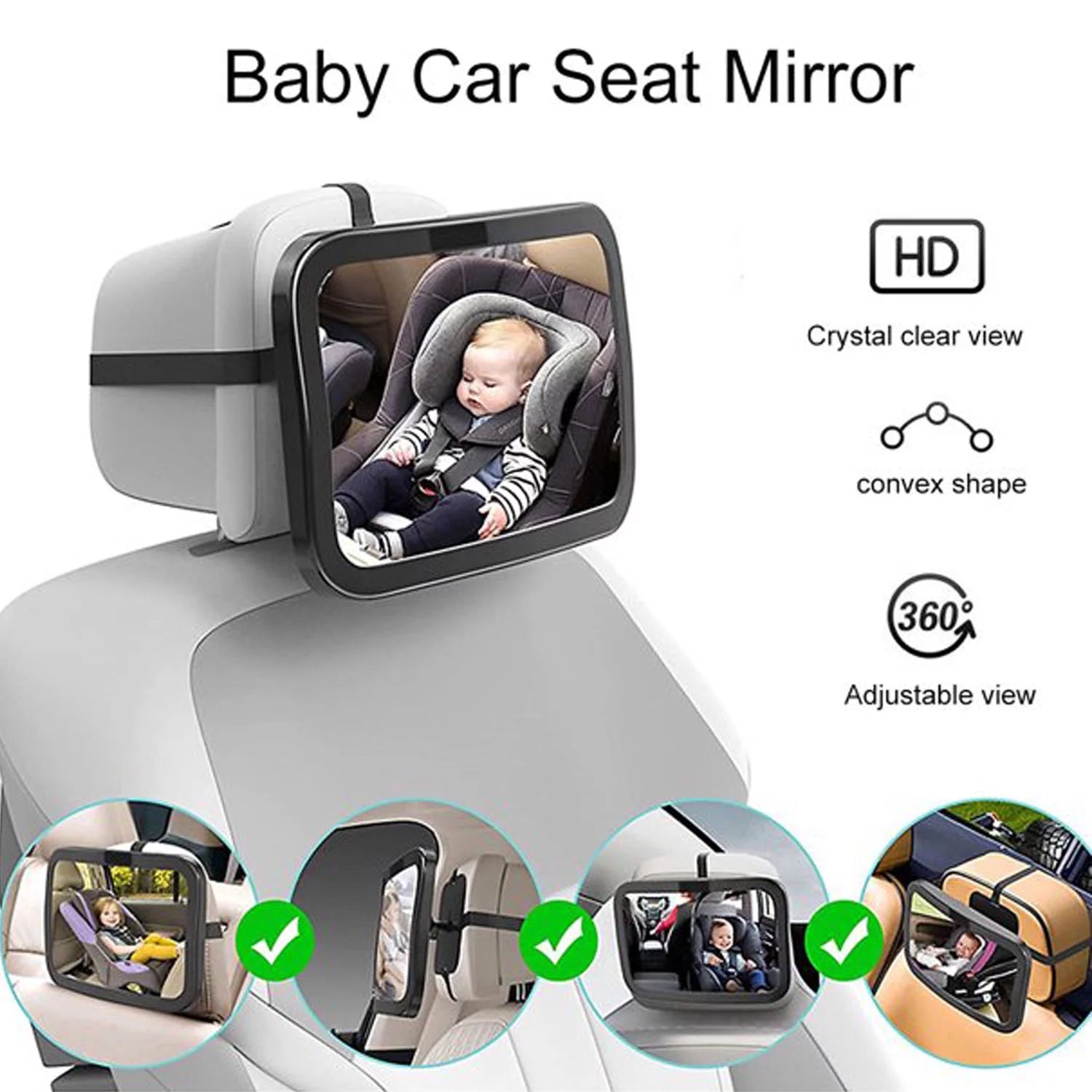 Baby Car Mirror with Wide Clear View, Shatterproof Car Seat Mirror for Infant Newborn Baby Kids in Rear Facing Backseat, Black