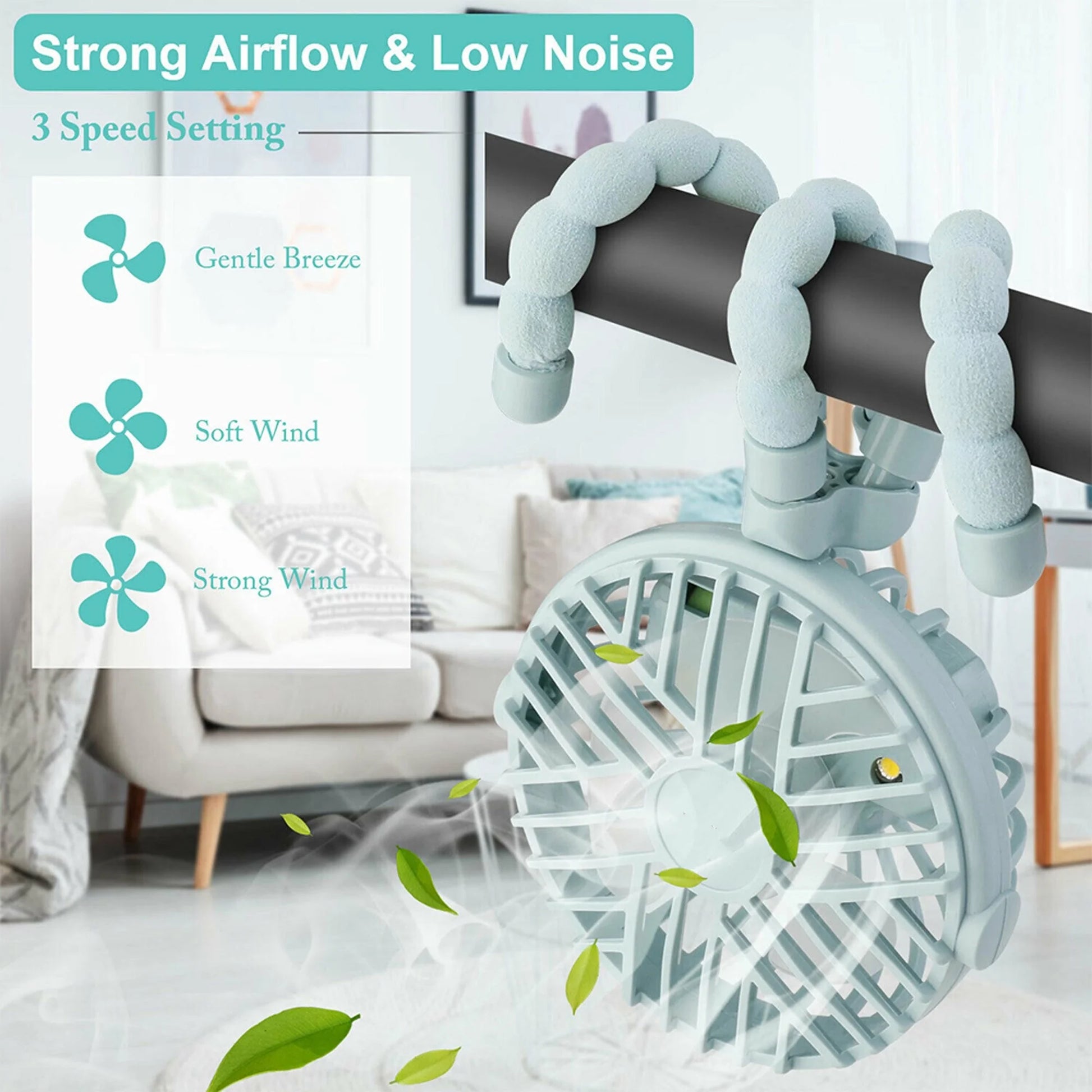 Mini Handheld Stroller Fan, Personal Portable Baby Car Seat Fan with Flexible Tripod Fix on Stroller,Usb Rechargeable Desk Fan Adjustable 3 Speeds for Camping