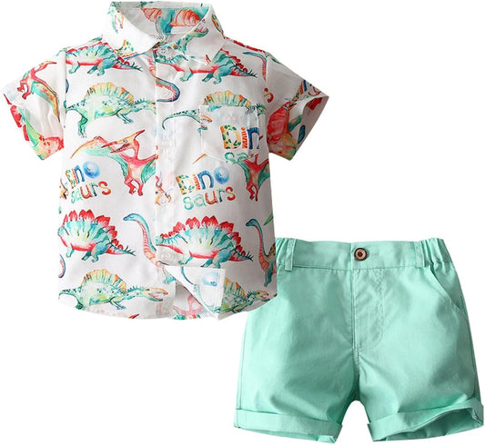 Children Clothes Set Boys Dinosaur Shirt Shorts Set Children'S Short Sleeve Colorful Dinosaur Shirt (Green, 4-5 Years)