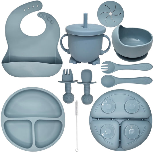 Baby Led Weaning Supplies | 10 Piece Silicone Feeding Set | Baby Toddler Bib Cup Divided Plate and Bowl Self Feeding Spoons Dish Set | Toddler Feeding Supplies (Sky)