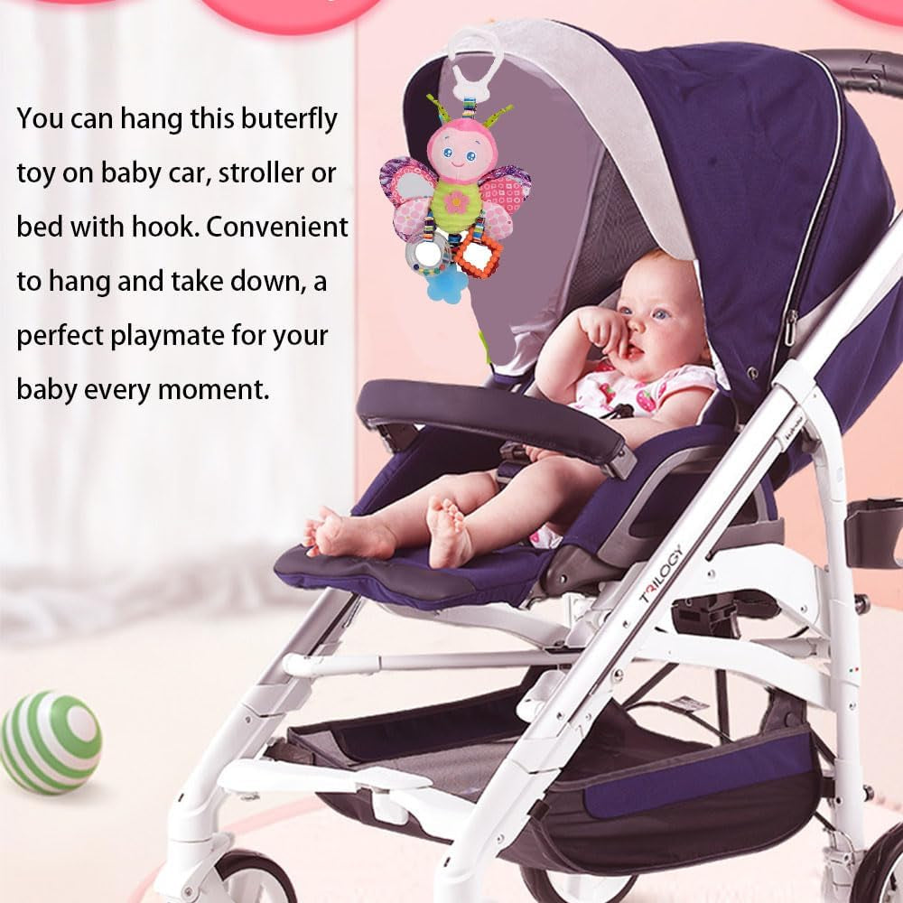 Baby Car Seat Stroller Plush Hanging Rattle Toys Newborn Crib Bed around Toy with Teether Rattle Sound for 0-3 Years Old (Butterfly)