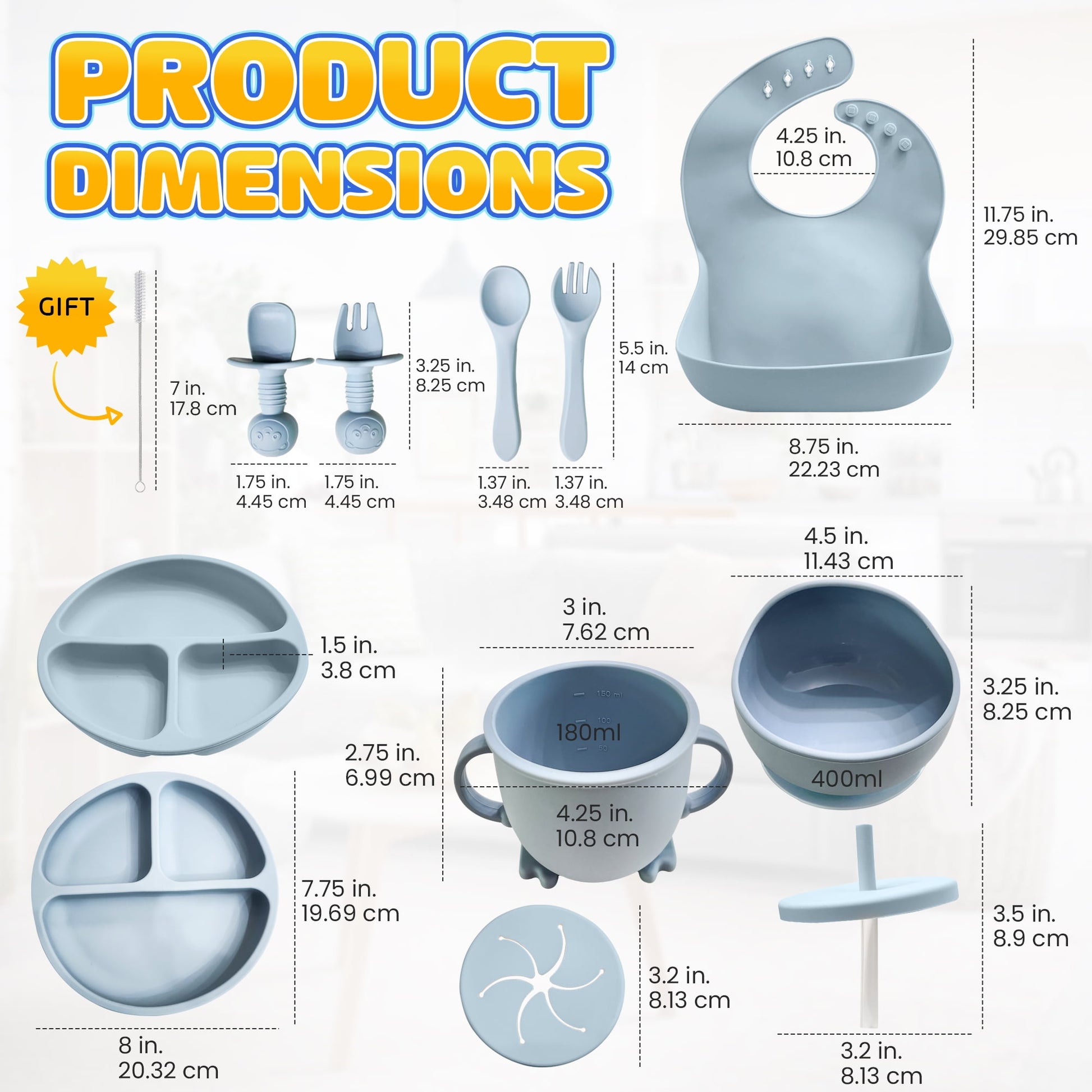 Baby Led Weaning Supplies | 10 Piece Silicone Feeding Set | Baby Toddler Bib Cup Divided Plate and Bowl Self Feeding Spoons Dish Set | Toddler Feeding Supplies (Sky)