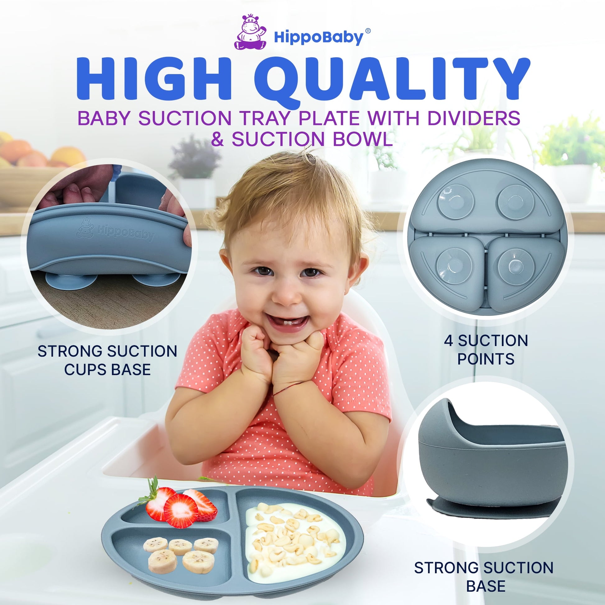 Baby Led Weaning Supplies | 10 Piece Silicone Feeding Set | Baby Toddler Bib Cup Divided Plate and Bowl Self Feeding Spoons Dish Set | Toddler Feeding Supplies (Sky)