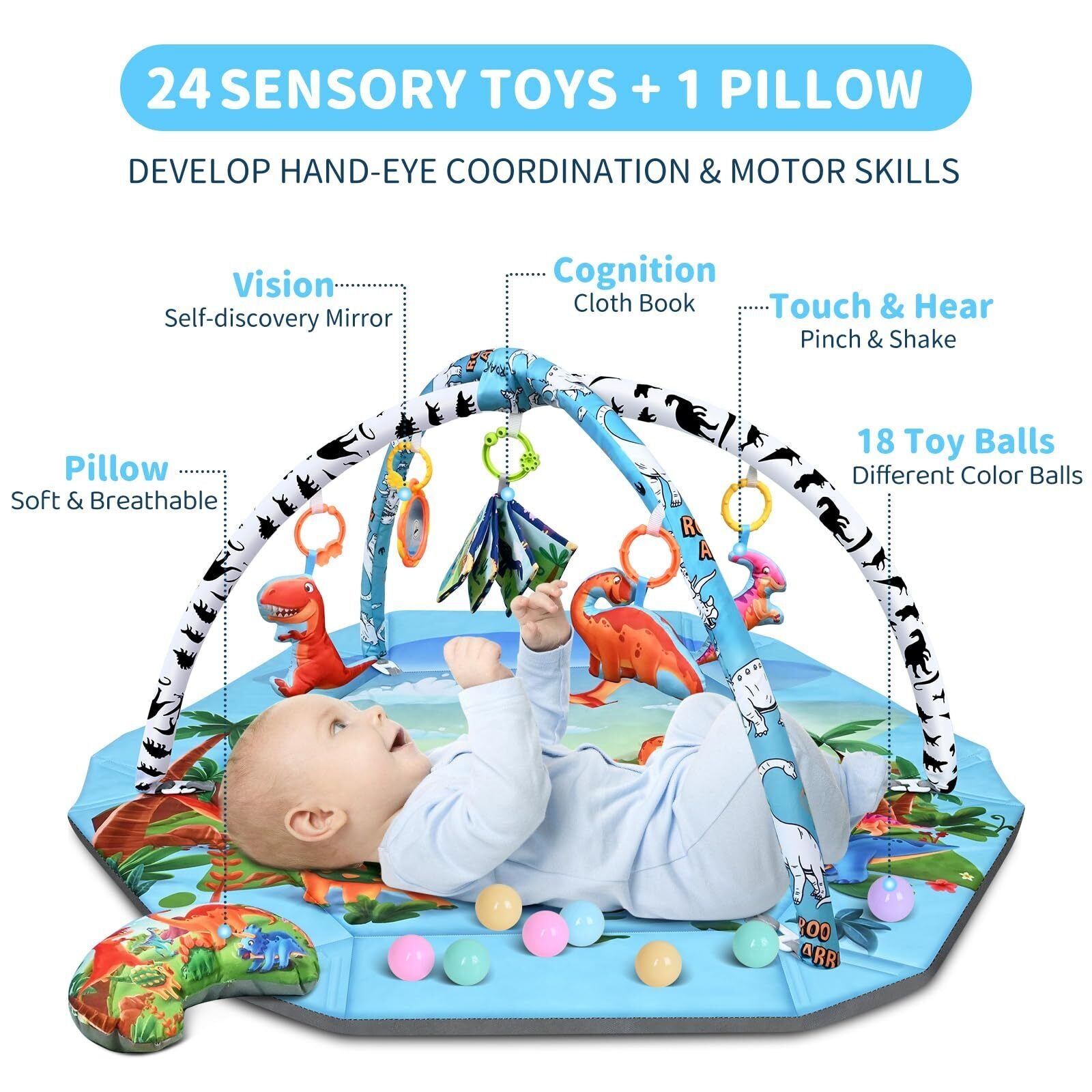 Baby Play Gym Mat 26-In-1 Tummy Time Mat Dinosaur Baby Play Mat Activity Gym ...