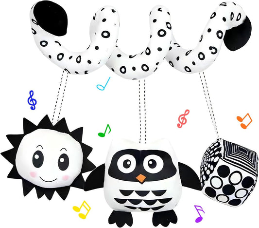 Baby Spiral Activity Car Seat Toys, Black and White Baby Toys, High Contrast Baby Sensory Toys, Newborn Hanging Plush Stroller Toys for 0 3 6 9 12 Months Boys Girls (Owl)