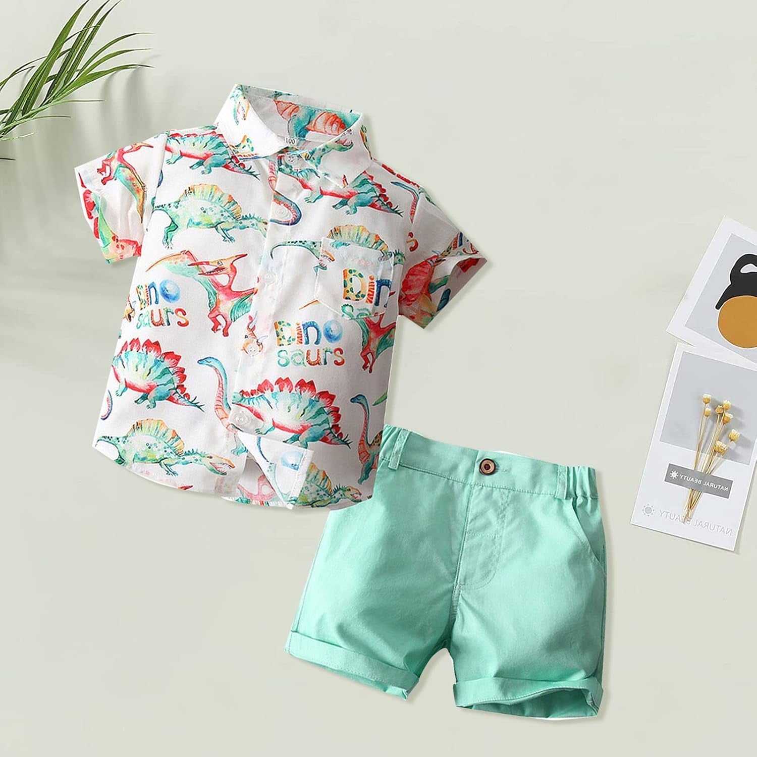 Children Clothes Set Boys Dinosaur Shirt Shorts Set Children'S Short Sleeve Colorful Dinosaur Shirt (Green, 4-5 Years)