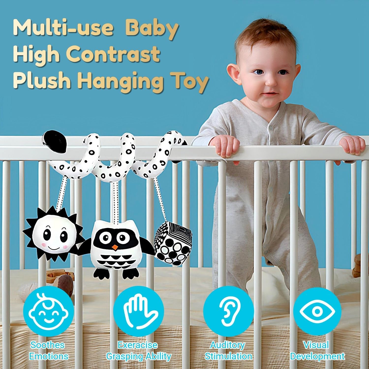 Baby Spiral Activity Car Seat Toys, Black and White Baby Toys, High Contrast Baby Sensory Toys, Newborn Hanging Plush Stroller Toys for 0 3 6 9 12 Months Boys Girls (Owl)