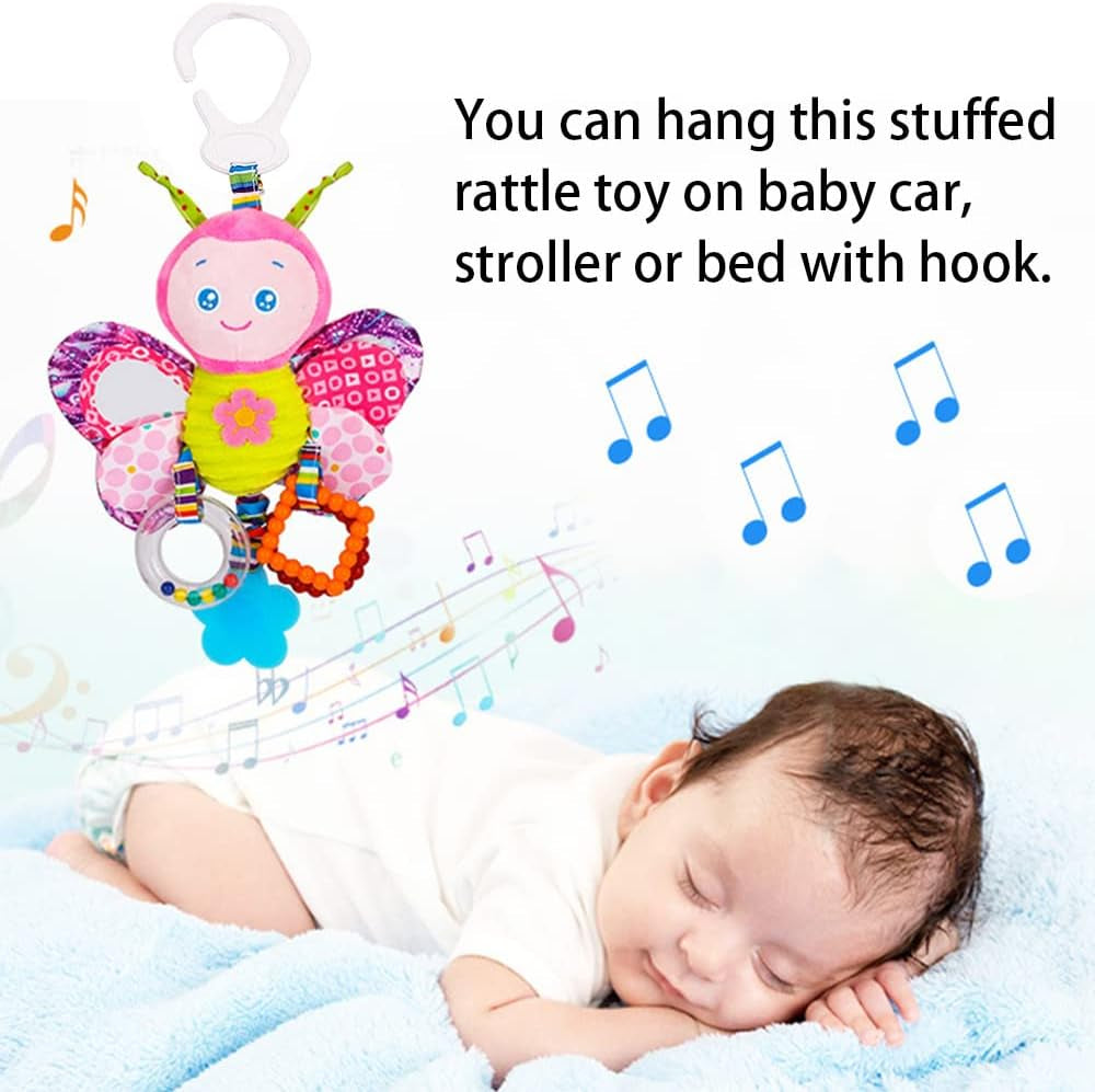 Baby Car Seat Stroller Plush Hanging Rattle Toys Newborn Crib Bed around Toy with Teether Rattle Sound for 0-3 Years Old (Butterfly)
