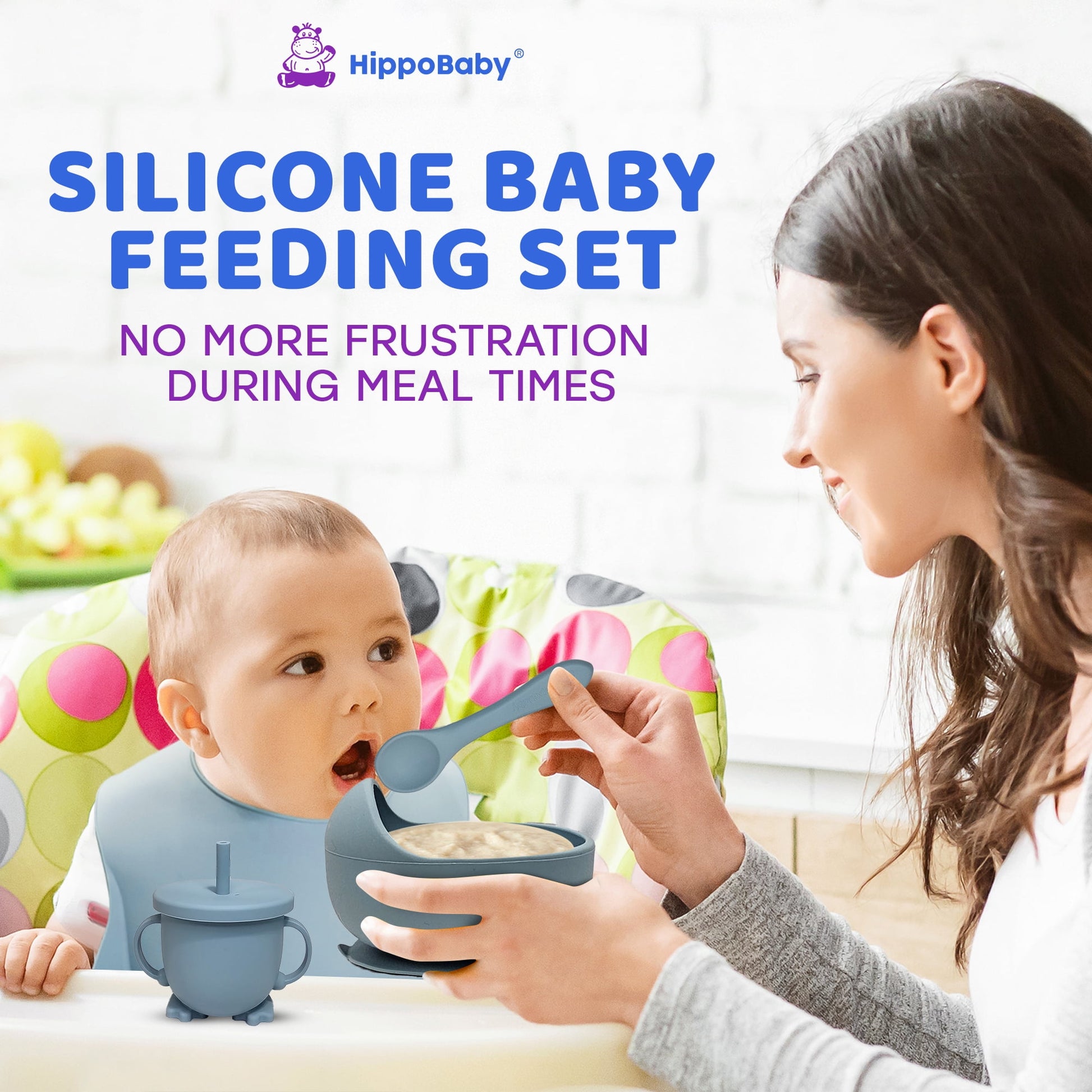 Baby Led Weaning Supplies | 10 Piece Silicone Feeding Set | Baby Toddler Bib Cup Divided Plate and Bowl Self Feeding Spoons Dish Set | Toddler Feeding Supplies (Sky)