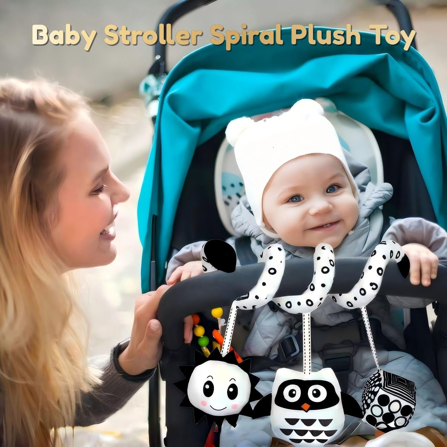 Baby Spiral Activity Car Seat Toys, Black and White Baby Toys, High Contrast Baby Sensory Toys, Newborn Hanging Plush Stroller Toys for 0 3 6 9 12 Months Boys Girls (Owl)