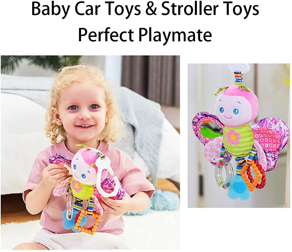 Baby Car Seat Stroller Plush Hanging Rattle Toys Newborn Crib Bed around Toy with Teether Rattle Sound for 0-3 Years Old (Butterfly)
