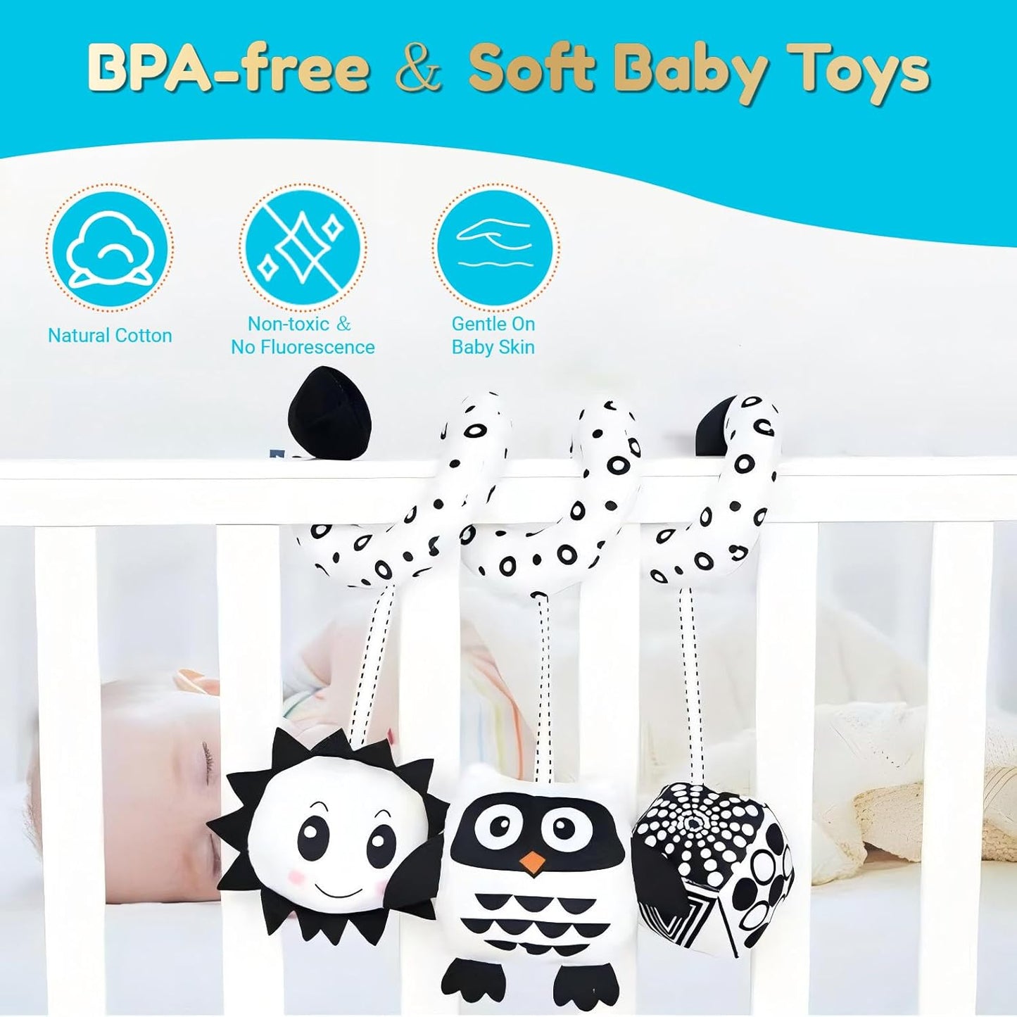 Baby Spiral Activity Car Seat Toys, Black and White Baby Toys, High Contrast Baby Sensory Toys, Newborn Hanging Plush Stroller Toys for 0 3 6 9 12 Months Boys Girls (Owl)