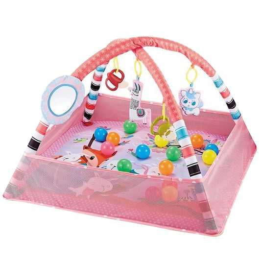 5-In-1 Baby Play Gym Mat, Tummy Time Mat & Ball Pit, with 5 Detachable Toys for Newborn Stage-Based Sensory and Motor Skill Development, Baby Activity Mat, Pink
